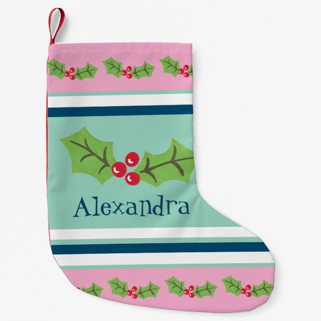 Personalized Cute Holly & Berries Small Christmas Stocking (Front)