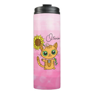 Personalized Cute Kawaii Cat Holding Flower  Thermal Tumbler