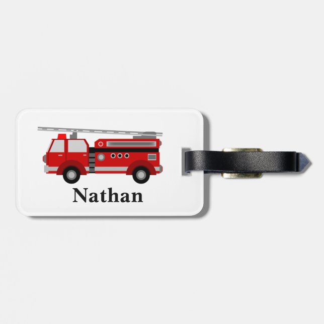 Personalized Cute Kids Red Firetruck luggage tag (Back Horizontal)