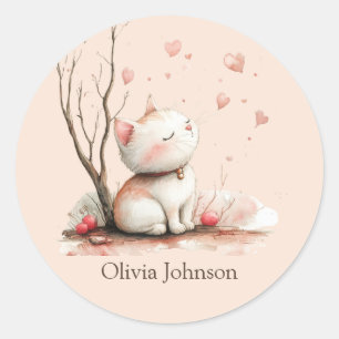 Personalized Cute Kitten with Hearts Classic Round Sticker