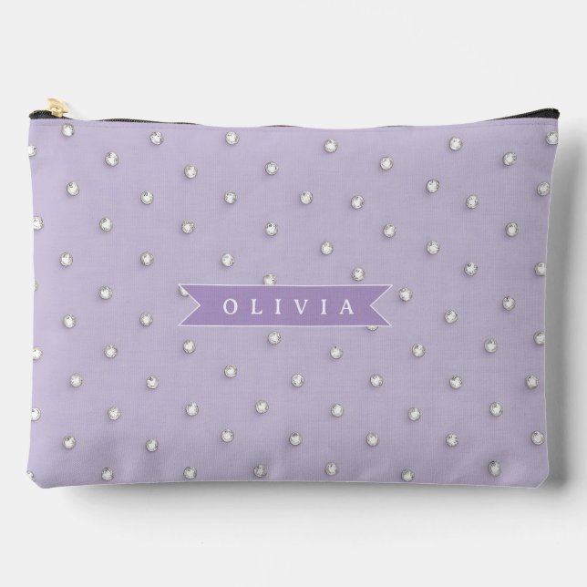 Personalized cute lavender rhinestone polka dot  accessory pouch (Front)