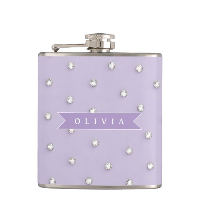 Personalized cute lavender rhinestone polka dot  hip flask (Front)