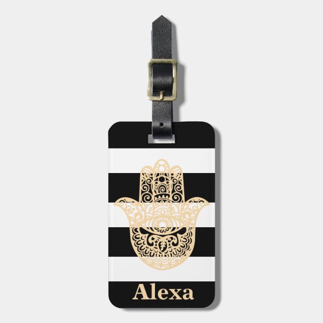 Personalized Cute lucky hamsa hand stripes Luggage Tag (Front Vertical)
