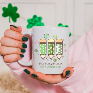 Personalized Cute One Lucky Teacher Retro Pencil Coffee Mug