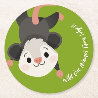 Personalized Cute Opossum Woodland Birthday Round Paper Coaster