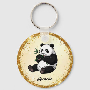 Personalized Cute Panda Bear Greenery Bamboo Gold  Key Ring