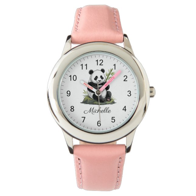 Personalized Cute Panda Bear With Greenery Bamboo Watch (Front)