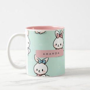 Personalized Cute Pastel Bunny Pattern Two-Tone Coffee Mug