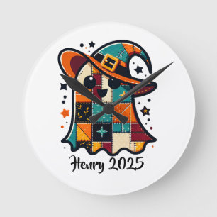 Personalized Cute Patchwork Ghost Halloween Round Clock