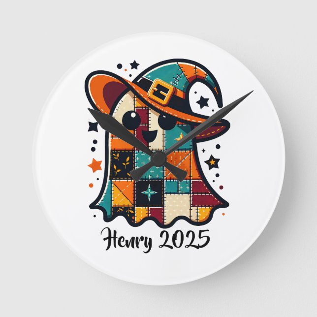 Personalized Cute Patchwork Ghost Halloween Round Clock (Front)