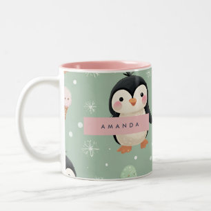 Personalized Cute Penguin & Ice Cream Pattern Two-Tone Coffee Mug