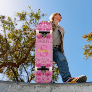 Personalized Cute Pink Bows and Hearts Monogram Skateboard