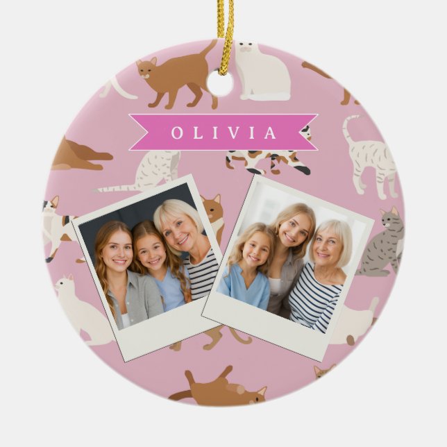 Personalized Cute Pink Cat Pattern Gift Cat Lover Ceramic Ornament (Front)