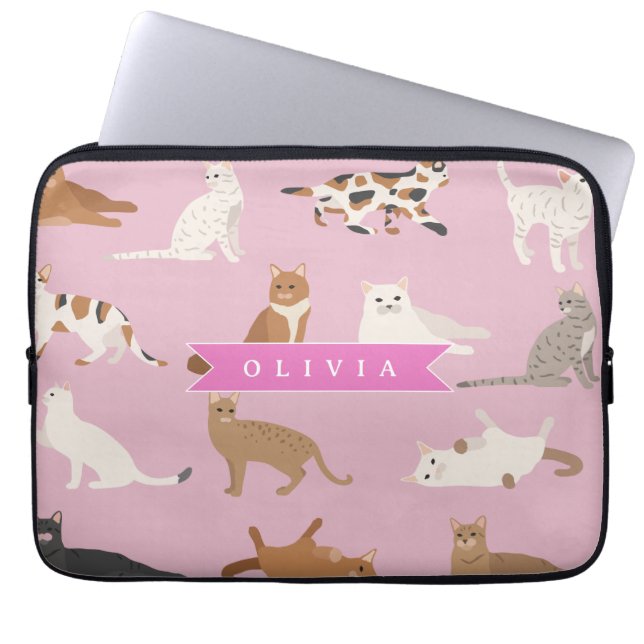 Personalized Cute Pink Cat Pattern Gift Cat Lover Laptop Sleeve (Front)