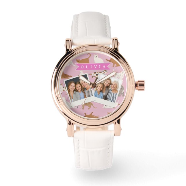 Personalized Cute Pink Cat Pattern Gift Cat Lover Watch (Front)