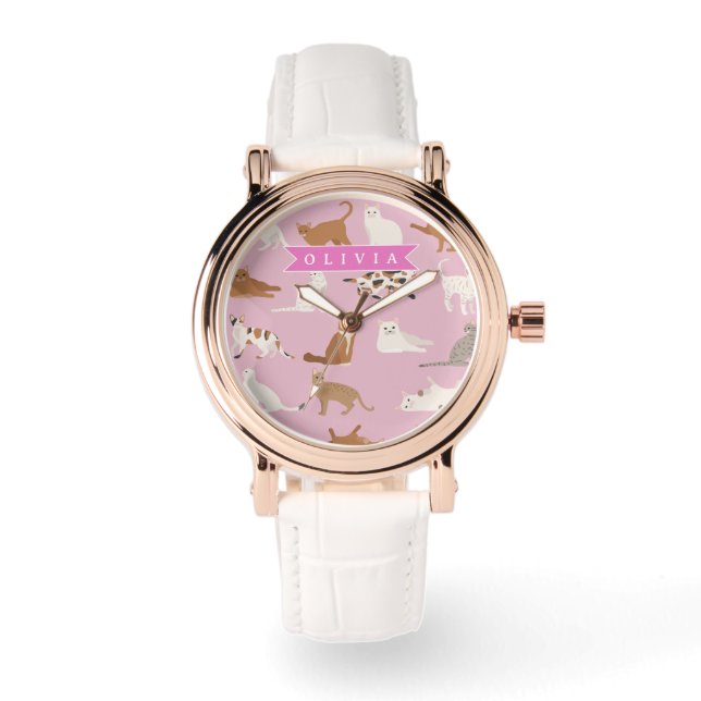 Personalized Cute Pink Cat Pattern Gift Cat Lover Watch (Front)