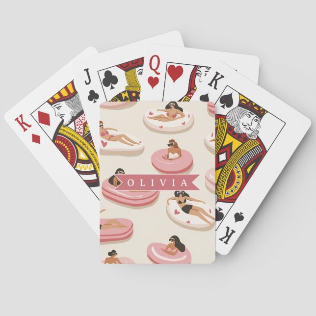 Personalized Cute Pink Pool Float Summer Aesthetic Playing Cards (Back)