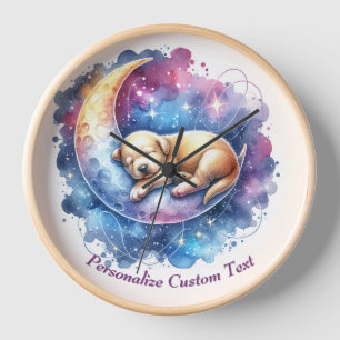 Personalized Cute Puppy Dog Sleeping on Moon Clock