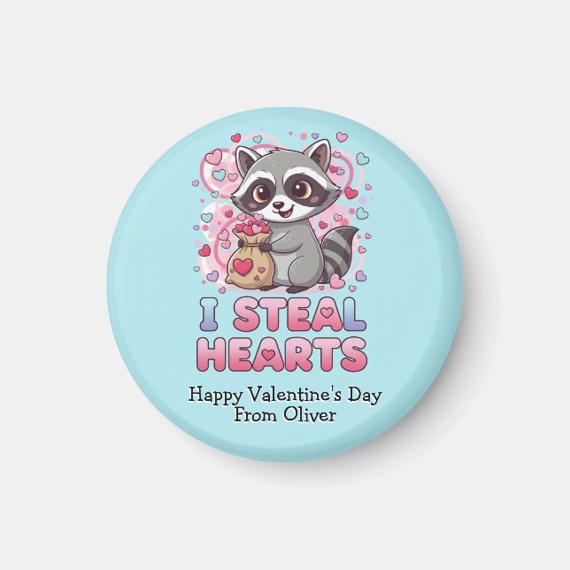 Personalized Cute Raccoon Classroom Valentine Magnet (Front)