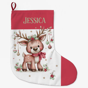 Personalized  Cute Reindeer  Large Christmas Stocking
