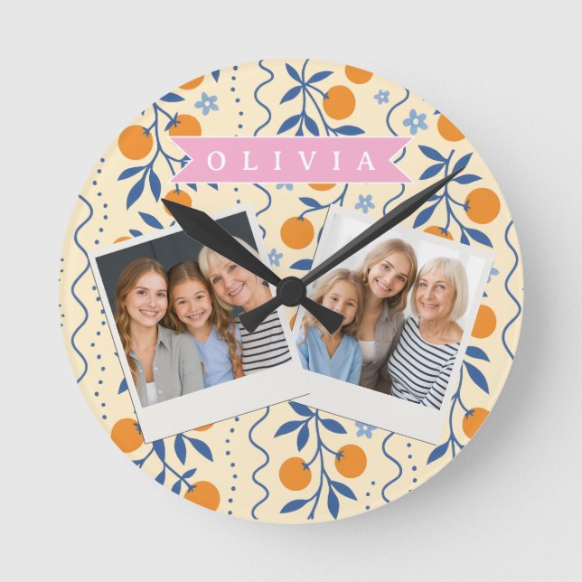 Personalized cute retro citrus folk pattern round clock (Front)