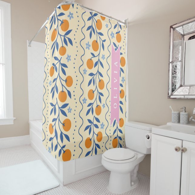 Personalized cute retro citrus folk pattern shower curtain (In Situ)