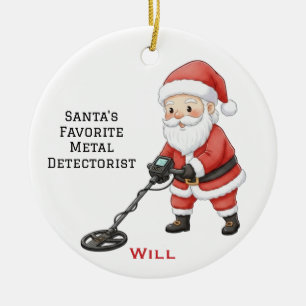 Personalized Cute Santa Doing Metal Detecting Ceramic Ornament