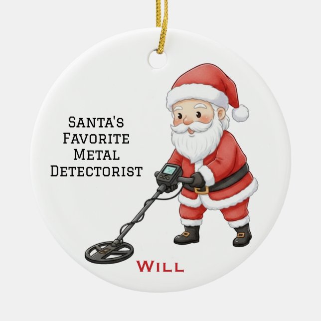 Personalized Cute Santa Doing Metal Detecting Ceramic Ornament (Front)