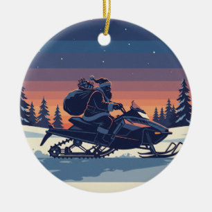 Personalized Cute Santa Doing Snowmobiling Ceramic Ornament