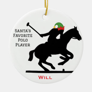 Personalized Cute Santa's Elf Playing Polo Ceramic Ornament
