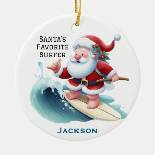 Personalized Cute Santa's Favorite Surfer Ceramic Ornament