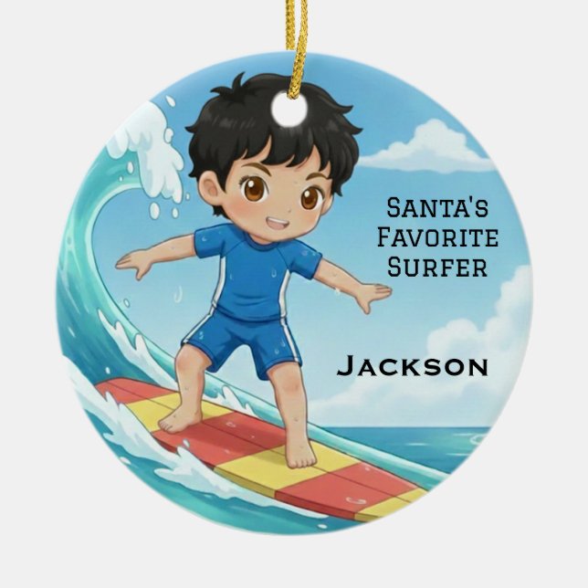 Personalized Cute Santa's Favorite Surfer Ceramic Ornament (Front)