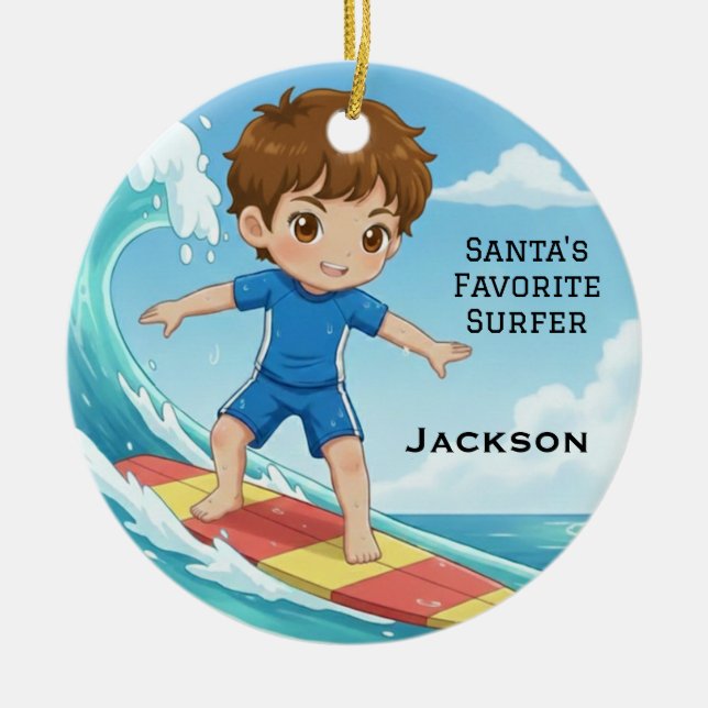 Personalized Cute Santa's Favorite Surfer Ceramic Ornament (Front)