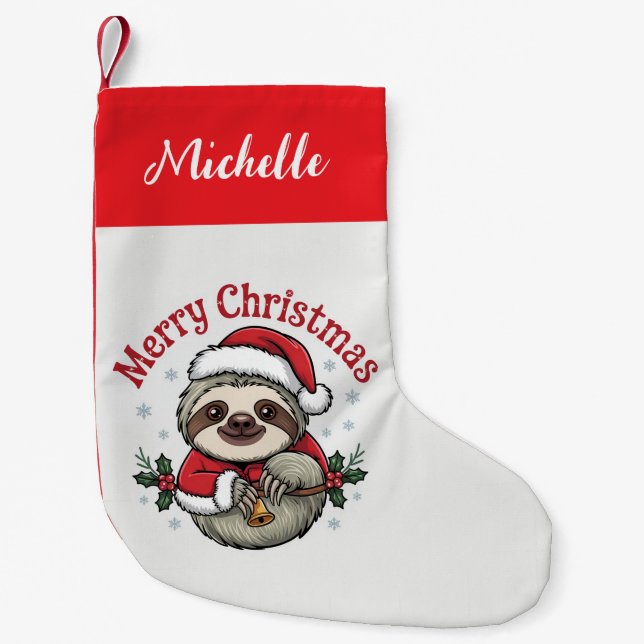 Personalized Cute Sloth Santa Hat Holiday          Small Christmas Stocking (Front)