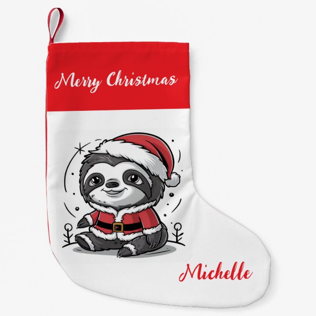 Personalized Cute Sloth Santa Hat Holiday          Small Christmas Stocking (Front)