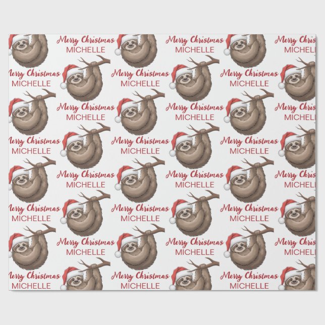 Personalized Cute Sloth Santa Hat Holiday Wrapping Paper (Flat)