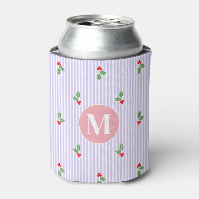 Personalized Cute Striped Holiday Christmas Holly  Can Cooler (Can Front)