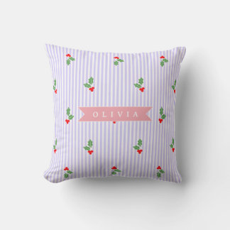 Personalized Cute Striped Holiday Christmas Holly  Cushion