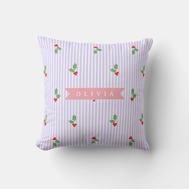 Personalized Cute Striped Holiday Christmas Holly  Cushion (Front)