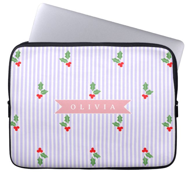 Personalized Cute Striped Holiday Christmas Holly  Laptop Sleeve (Front)