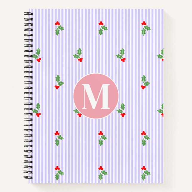 Personalized Cute Striped Holiday Christmas Holly  Notebook (Front)