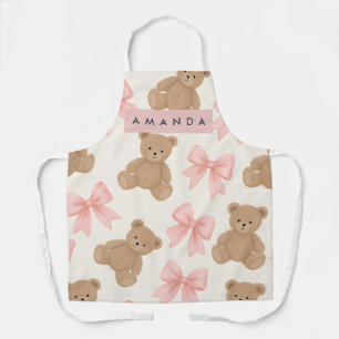 Personalized Cute Teddy Bear and Pink Bow Pattern Apron
