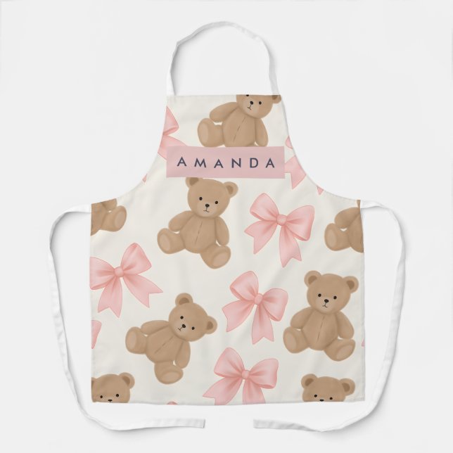Personalized Cute Teddy Bear and Pink Bow Pattern Apron (Front)