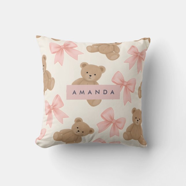Personalized Cute Teddy Bear and Pink Bow Pattern Cushion (Front)