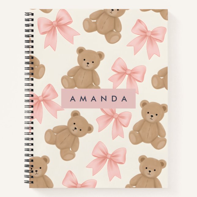 Personalized Cute Teddy Bear and Pink Bow Pattern Notebook (Front)