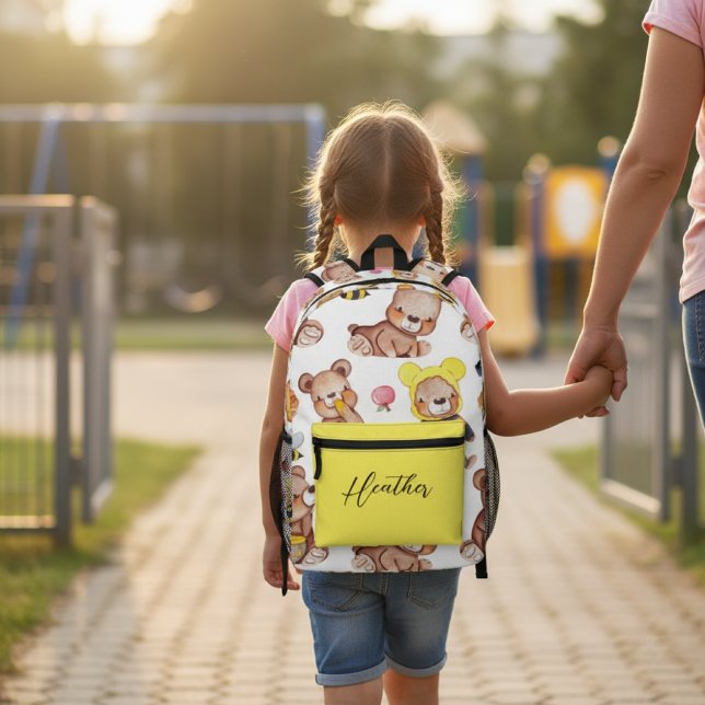 Personalized Cute Teddy Bear Bees & Honey Pattern  Printed Backpack (Creator Uploaded)