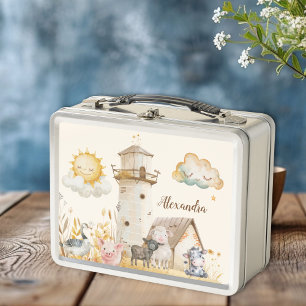 Personalized Cute Watercolor Farm Animals  Metal Lunch Box