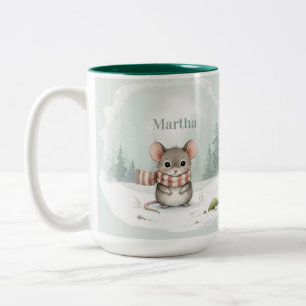 Personalized Cute Watercolor Mouse Winter  Travel Two-Tone Coffee Mug