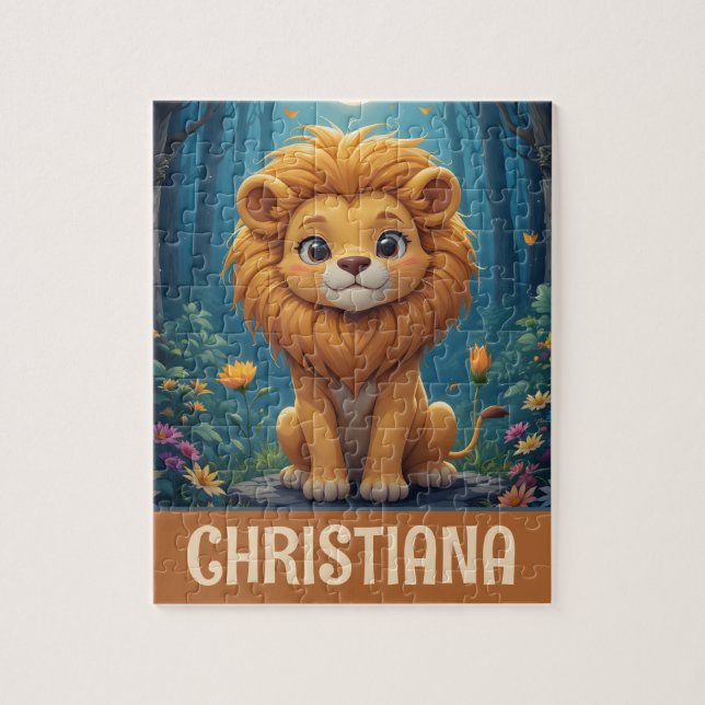 Personalized Cute Whimsical Lion in a Forest Jigsaw Puzzle (Vertical)