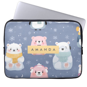 Personalized Cute Winter Bear & Penguin Pattern  Laptop Sleeve